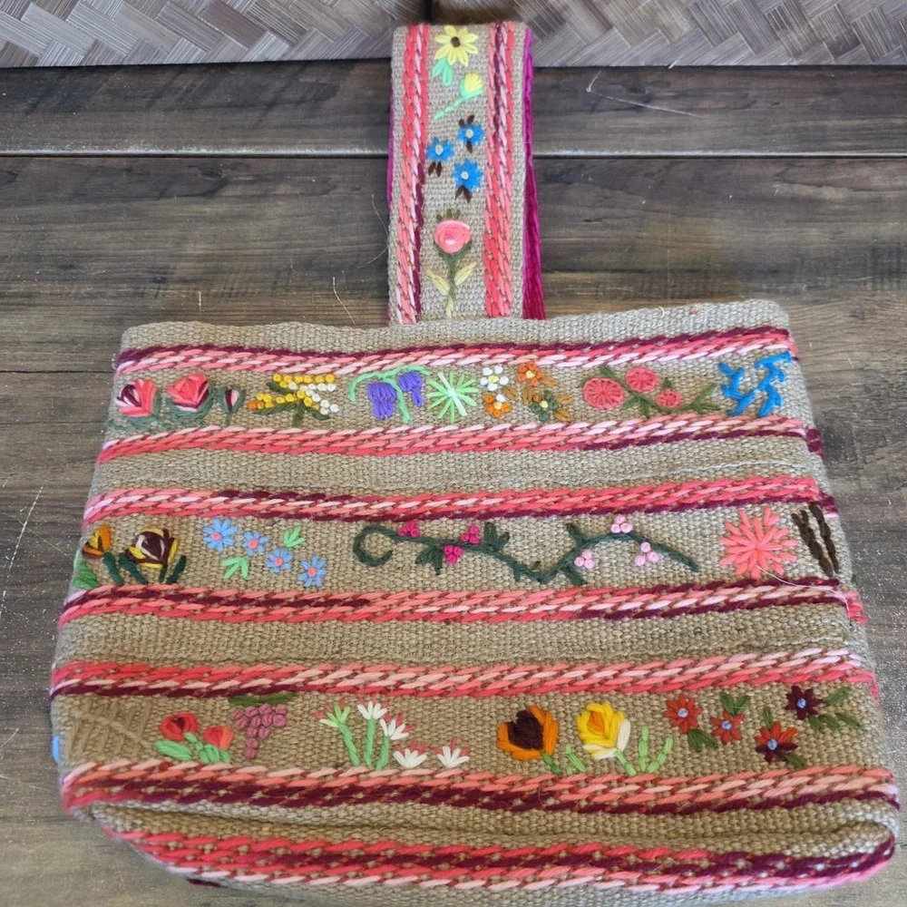 Colorful‎ Jute Burlap Bag Yarn Embroidery Boho Flowers Corduroy Lined Pocket